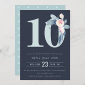 ソフトネイビー赤面ブルーフローラ10TH ANY AGE誕生日 招待状 (正面/裏面)