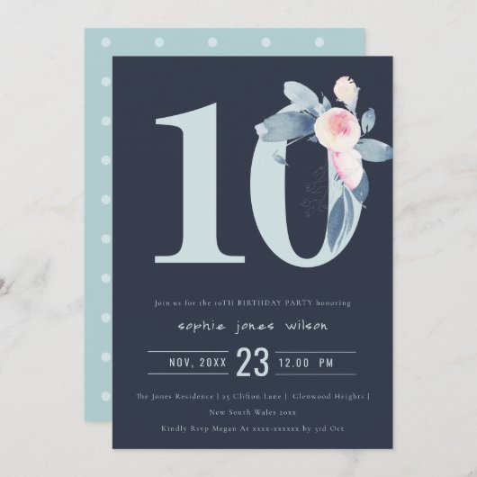 ソフトネイビー赤面ブルーフローラ10TH ANY AGE誕生日 招待状 (正面/裏面)