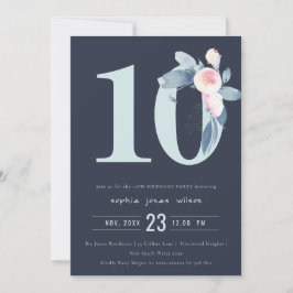 ソフトネイビー赤面ブルーフローラ10TH ANY AGE誕生日 招待状