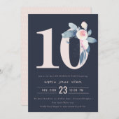 ソフトネイビー赤面ブルーフローラ10TH ANY AGE誕生日 招待状 (正面/裏面)