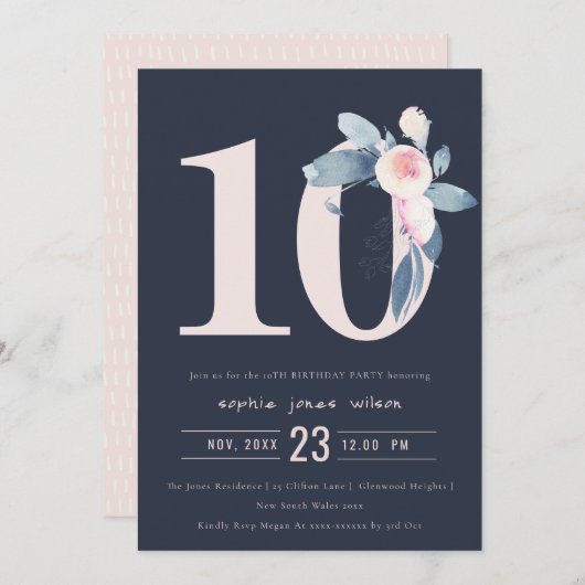 ソフトネイビー赤面ブルーフローラ10TH ANY AGE誕生日 招待状 (正面/裏面)