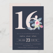 ソフトネイビー赤面ブルーフローラ16TH ANY AGE誕生日 招待状 (正面/裏面)