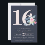 ソフトネイビー赤面ブルーフローラ16TH ANY AGE誕生日 招待状<br><div class="desc">これもし以上のカスタマイズやその他の一致する項目が必要な場合は、感じyellowfebstudio@gmail.comでお気軽にご連絡ください</div>