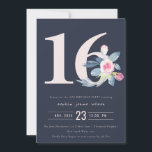 ソフトネイビー赤面ブルーフローラ16TH ANY AGE誕生日 招待状<br><div class="desc">これもし以上のカスタマイズやその他の一致する項目が必要な場合は、感じyellowfebstudio@gmail.comでお気軽にご連絡ください</div>