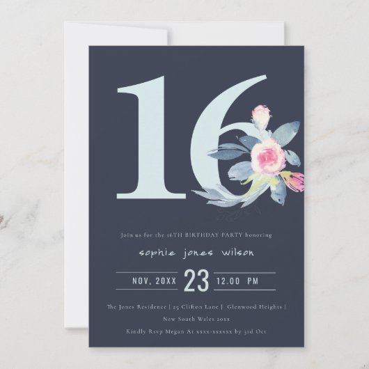 ソフトネイビー赤面ブルーフローラ16TH ANY AGE誕生日 招待状 (正面)