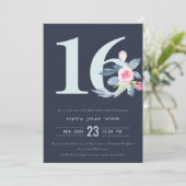 ソフトネイビー赤面ブルーフローラ16TH ANY AGE誕生日 招待状 (スタンド正面)