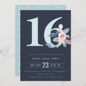 ソフトネイビー赤面ブルーフローラ16TH ANY AGE誕生日 招待状 (正面/裏面)