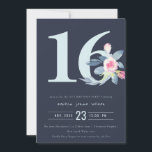 ソフトネイビー赤面ブルーフローラ16TH ANY AGE誕生日 招待状<br><div class="desc">これもし以上のカスタマイズやその他の一致する項目が必要な場合は、感じyellowfebstudio@gmail.comでお気軽にご連絡ください</div>