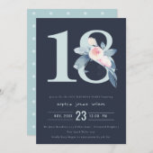 ソフトネイビー赤面ブルーフローラ18TH ANY AGE誕生日 招待状 (正面/裏面)