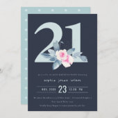 ソフトネイビー赤面ブルーフローラ21ST ANY AGE誕生日 招待状 (正面/裏面)