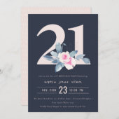 ソフトネイビー赤面ブルーフローラ21ST ANY AGE誕生日 招待状 (正面/裏面)