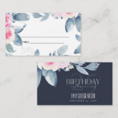 ソフトネイビー赤面ブルーフローラ25TH ANY AGE誕生日 プレイスカード (正面/裏面)