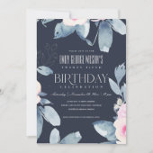 ソフトネイビー赤面ブルーフローラ25th ANY AGE誕生日 招待状 (正面)