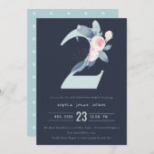 ソフトネイビー赤面ブルーフローラ2nd ANY AGE誕生日 招待状 (正面/裏面)