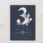 ソフトネイビー赤面ブルーフローラ3rd任意の年齢誕生日 招待状 (正面/裏面)