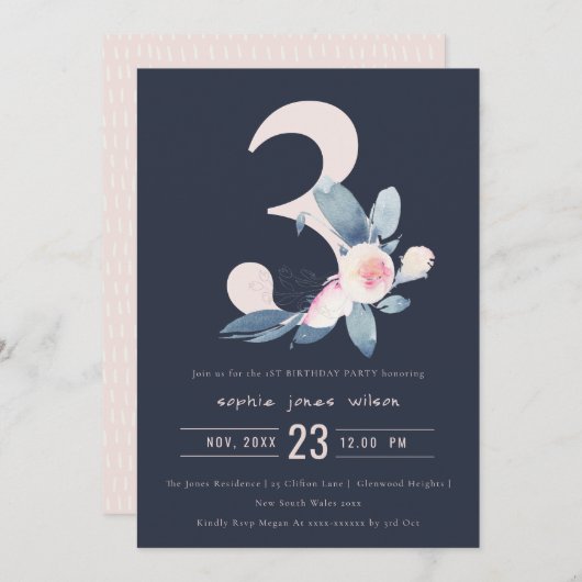 ソフトネイビー赤面ブルーフローラ3rd任意の年齢誕生日 招待状 (正面/裏面)