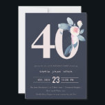 ソフトネイビー赤面ブルーフローラ40TH ANY AGE誕生日 招待状<br><div class="desc">これもし以上のカスタマイズやその他の一致する項目が必要な場合は、感じyellowfebstudio@gmail.comでお気軽にご連絡ください</div>