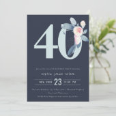 ソフトネイビー赤面ブルーフローラ40TH ANY AGE誕生日 招待状 (スタンド正面)