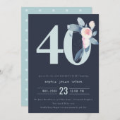 ソフトネイビー赤面ブルーフローラ40TH ANY AGE誕生日 招待状 (正面/裏面)