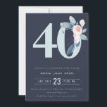 ソフトネイビー赤面ブルーフローラ40TH ANY AGE誕生日 招待状<br><div class="desc">これもし以上のカスタマイズやその他の一致する項目が必要な場合は、感じyellowfebstudio@gmail.comでお気軽にご連絡ください</div>