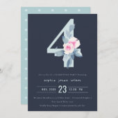 ソフトネイビー赤面ブルーフローラ4th ANY AGE誕生日 招待状 (正面/裏面)