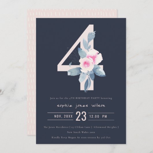 ソフトネイビー赤面ブルーフローラ4th ANY AGE誕生日 招待状 (正面/裏面)