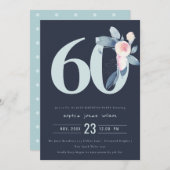 ソフトネイビー赤面ブルーフローラ60TH ANY AGE誕生日 招待状 (正面/裏面)