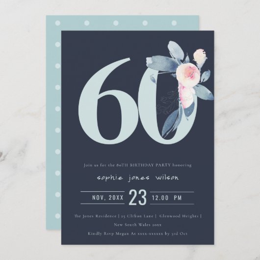 ソフトネイビー赤面ブルーフローラ60TH ANY AGE誕生日 招待状 (正面/裏面)