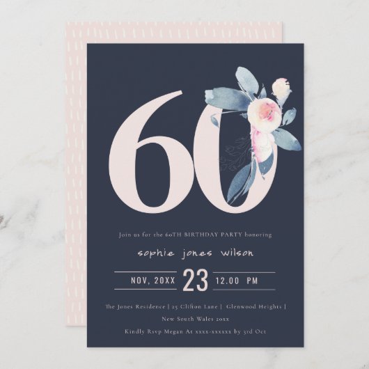 ソフトネイビー赤面ブルーフローラ60TH ANY AGE誕生日 招待状 (正面/裏面)