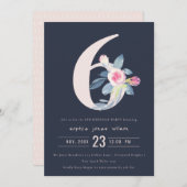 ソフトネイビー赤面ブルーフローラ6th ANY AGE誕生日 招待状 (正面/裏面)