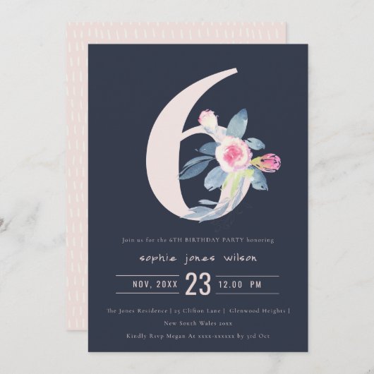 ソフトネイビー赤面ブルーフローラ6th ANY AGE誕生日 招待状 (正面/裏面)