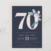 ソフトネイビー赤面ブルーフローラ70TH ANY AGE誕生日 招待状 (正面/裏面)