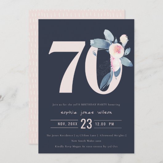 ソフトネイビー赤面ブルーフローラ70TH ANY AGE誕生日 招待状 (正面/裏面)