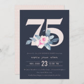ソフトネイビー赤面ブルーフローラ75TH ANY AGE誕生日 招待状 (正面/裏面)