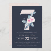 ソフトネイビー赤面ブルーフローラ7th ANY AGE誕生日 招待状 (正面/裏面)