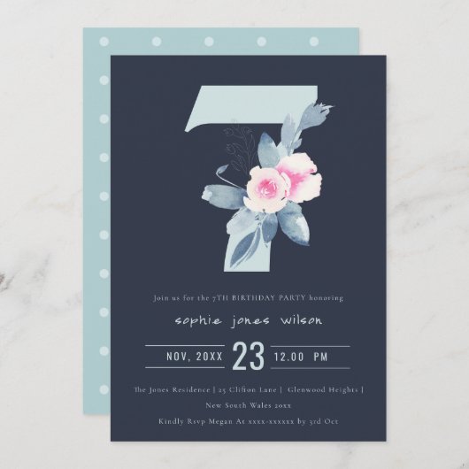 ソフトネイビー赤面ブルーフローラ7th ANY AGE誕生日 招待状 (正面/裏面)