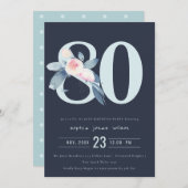 ソフトネイビー赤面ブルーフローラ80TH ANY AGE誕生日 招待状 (正面/裏面)