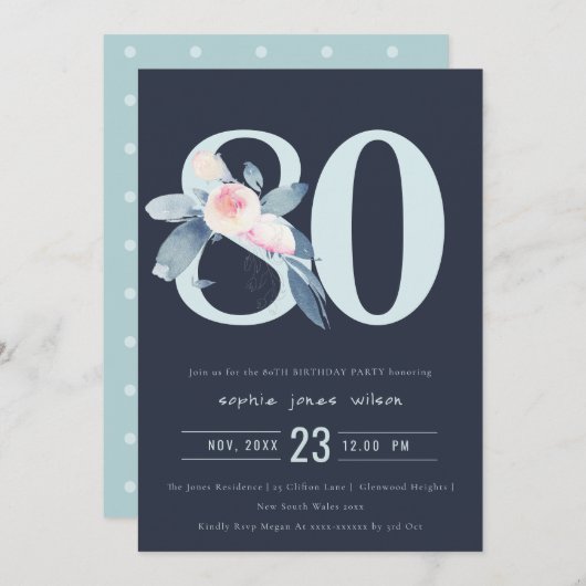 ソフトネイビー赤面ブルーフローラ80TH ANY AGE誕生日 招待状 (正面/裏面)