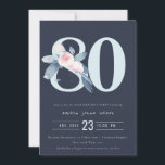 ソフトネイビー赤面ブルーフローラ80TH ANY AGE誕生日 招待状<br><div class="desc">これもし以上のカスタマイズやその他の一致する項目が必要な場合は、感じyellowfebstudio@gmail.comでお気軽にご連絡ください</div>