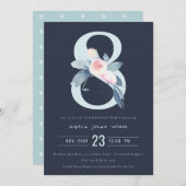 ソフトネイビー赤面ブルーフローラ8th ANY AGE誕生日 招待状 (正面/裏面)