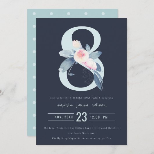 ソフトネイビー赤面ブルーフローラ8th ANY AGE誕生日 招待状 (正面/裏面)