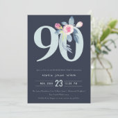 ソフトネイビー赤面ブルーフローラ90TH ANY AGE誕生日 招待状 (スタンド正面)