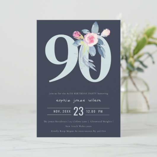 ソフトネイビー赤面ブルーフローラ90TH ANY AGE誕生日 招待状 (スタンド正面)