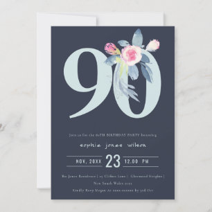ソフトネイビー赤面ブルーフローラ90TH ANY AGE誕生日 招待状