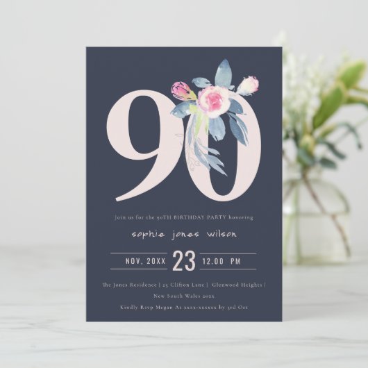 ソフトネイビー赤面ブルーフローラ90TH ANY AGE誕生日 招待状 (スタンド正面)