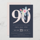 ソフトネイビー赤面ブルーフローラ90TH ANY AGE誕生日 招待状 (正面/裏面)