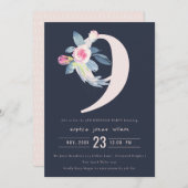 ソフトネイビー赤面ブルーフローラ9th ANY AGE誕生日 招待状 (正面/裏面)