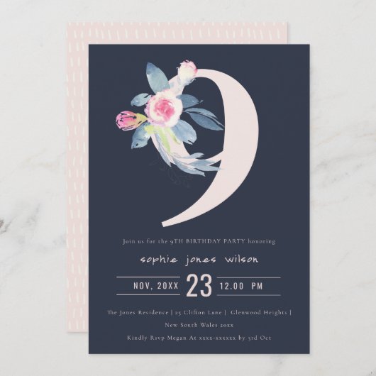 ソフトネイビー赤面ブルーフローラ9th ANY AGE誕生日 招待状 (正面/裏面)