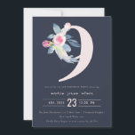 ソフトネイビー赤面ブルーフローラ9th ANY AGE誕生日 招待状<br><div class="desc">これもし以上のカスタマイズやその他の一致する項目が必要な場合は、感じyellowfebstudio@gmail.comでお気軽にご連絡ください</div>