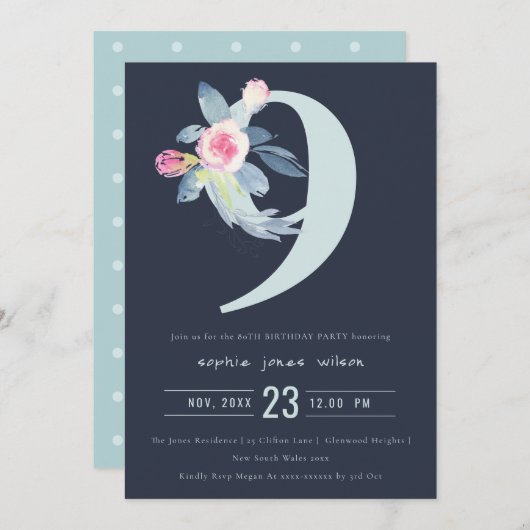 ソフトネイビー赤面ブルーフローラ9th ANY AGE誕生日 招待状 (正面/裏面)